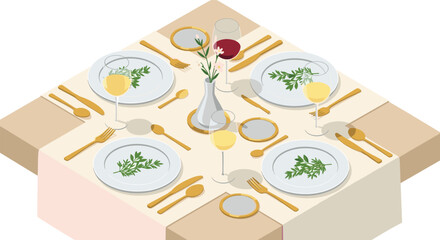 Elegant isometric dining table setting with elegant place settings and floral centerpiece