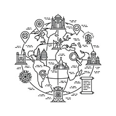 Global Heritage and Travel: Line Art Illustration of World Map with Iconic Landmarks, Cultural Symbols, and Exploration Elements