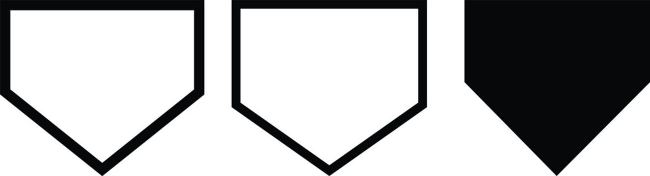 outline silhouette home plate baseball icon set isolated on white background.Vector art of a collection of baseball home base icons with crossed bats isolated on white background