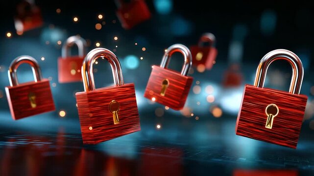 Red padlocks floating in digital environment, defocused futuristic interface, cybersecurity breach concept, data protection warning, cyber space visualization, security threat illu