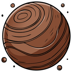 Stylized Wood Planet Illustration: Cartoon Brown Sphere with Rings and Small Droplets, Decorative Element