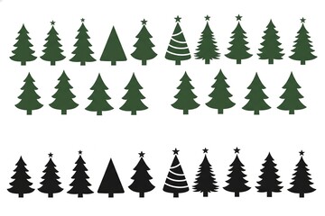 Fototapeta premium stylized christmas trees with spiral and star designs christmas tree green silhouette clipart set. green Christmas tree drawing clip art collection in white background for xmas season pine tree flat i