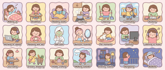 Daily routine icon set. containing waking up, breakfast, reading, cooking, cleaning, commuting, studying, and more. Vector collection