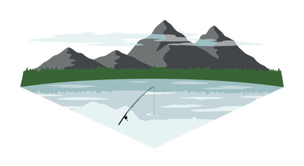 Peaceful mountain lake fishing scene with tranquil landscape and calm waters