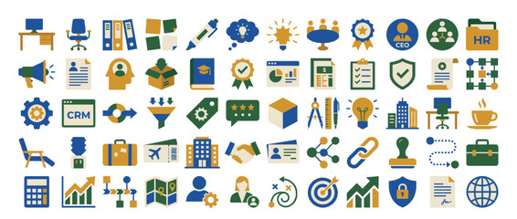 Fototapeta premium Business and office icon set. containing desk, chart, email, checklist, contract, gear, calendar, meeting, presentation. Vector collection