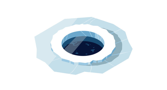Flat style frozen arctic ice fishing hole with cracks