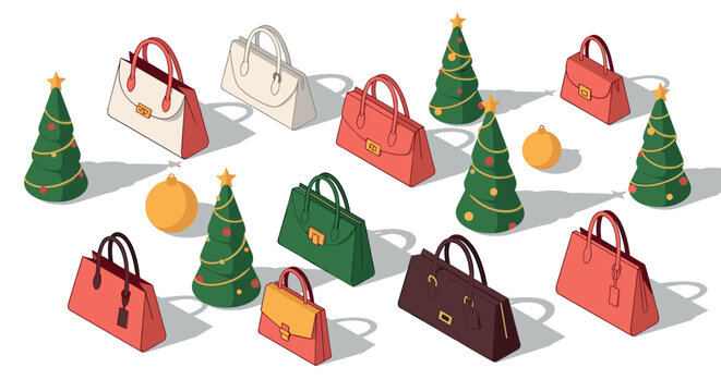 Isometric holiday handbags and christmas trees with festive decorations - Powered by Adobe