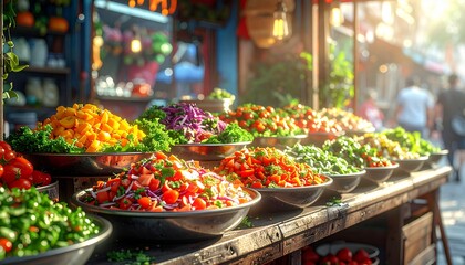 Realistic Street Food Stall Selling Fresh Salads in Vibrant Urban Market