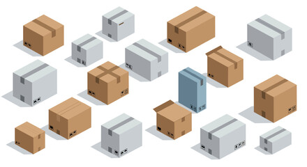 Fototapeta premium Isometric shipping boxes collection with cardboard and delivery icons