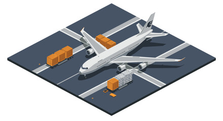 Isometric airplane at cargo terminal with containers on runway