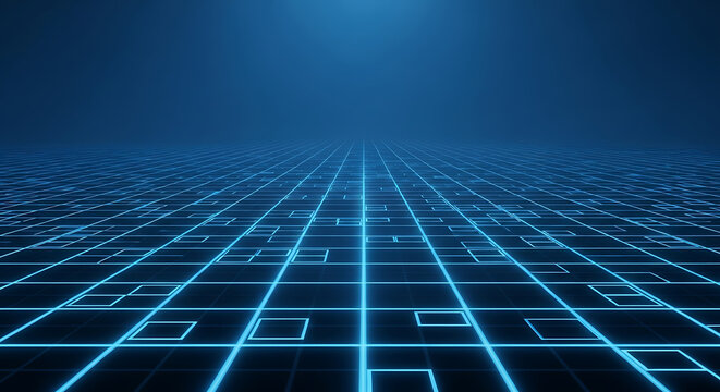 High-tech blue perspective grid in darkness, illustrating cyberspace and big data visualization concept.