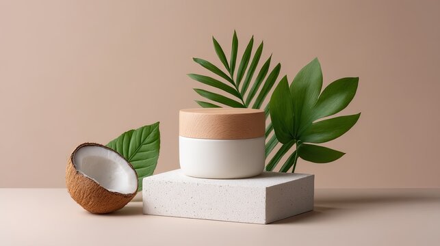 Organic skincare product on stone pedestal with coconut shell and green leaves for spa, natural beauty, tropical lifestyle, wellness and health concept