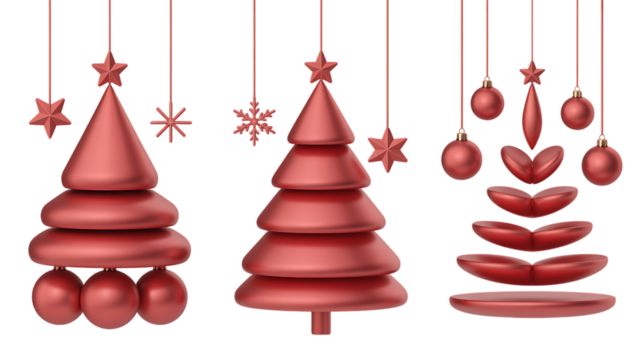 Celebrate the holidays with these adorable 3D Christmas trees and ornaments in a vibrant red hue, perfect for adding a touch of festive cheer to your designs and projects