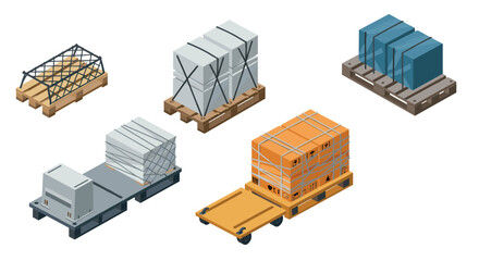 Isometric cargo pallets collection: diverse styles and types for logistics