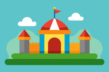 Field with a bouncy castle cartoon background simple vector illustration