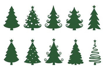 Fototapeta premium stylized christmas trees with spiral and star designs christmas tree green silhouette clipart set. green Christmas tree drawing clip art collection in white background for xmas season pine tree flat i