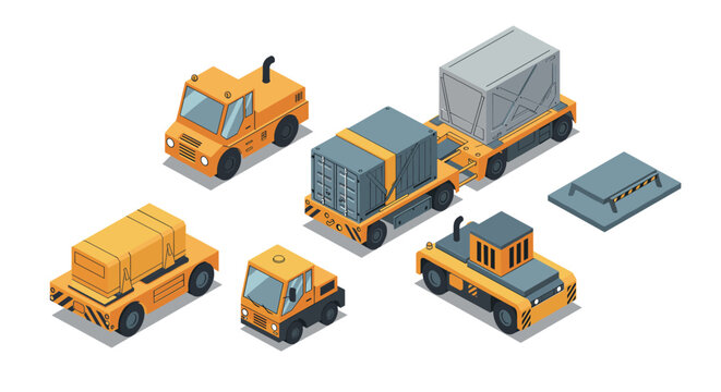 Fototapeta Isometric airport ground service vehicles and equipment set for transportation
