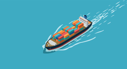 Cargo ship at sea carrying colorful containers in isometric design on blue background