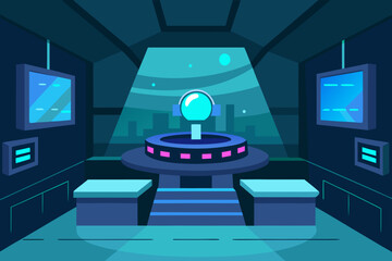 Hologram control room cartoon background simple vector illustration