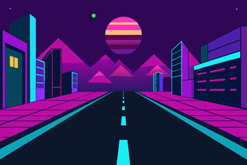 Neon cyber street cartoon background simple vector illustration