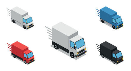 Isometric delivery trucks in motion: colorful set for logistics concepts