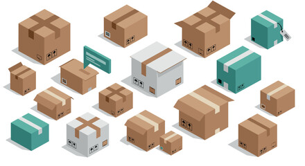 Fototapeta premium Diverse collection of isometric cardboard boxes and shipping parcels
