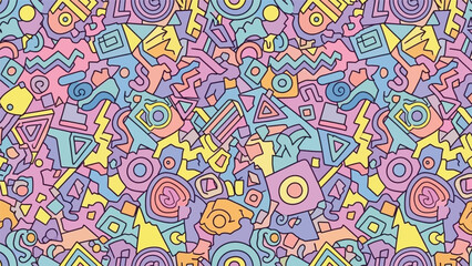 Fototapeta premium Vibrant abstract pattern featuring a colorful array of geometric shapes and symbols on a white background with a playful and lively mood.