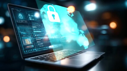 Advanced cybersecurity protection on laptop, defocused digital assets, cutting-edge technology concept, data safety visualization, security system interface, ultimate protection di - Powered by Adobe