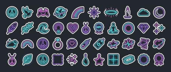 Peace and harmony icons set. containing peace sign, dove, heart, rainbow, meditation, wave, star, and more. Vector collection
