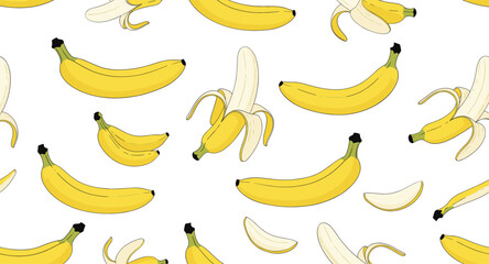 Seamless Banana Pattern with Whole and Peeled Bananas Colorful Flat Vector Background Illustration