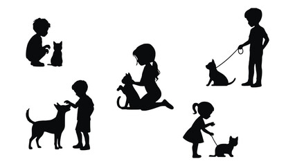 Silhouette kids with pets vector graphic design illustration