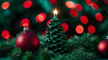 Christmas background with xmas tree, Christmas red decoration and sparkle bokeh lights on green background. Merry Christmas greeting card. Winter holiday theme. Happy New Year. Space for text