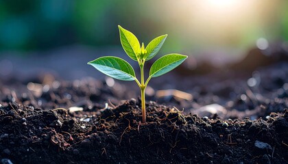 Growing seedling emerges from rich soil in a sunlit garden during early morning hours showcasing nature's beauty