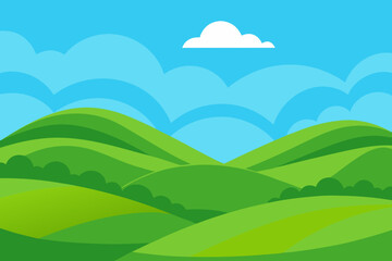 Rolling green hills under a blue sky simple vector illustration