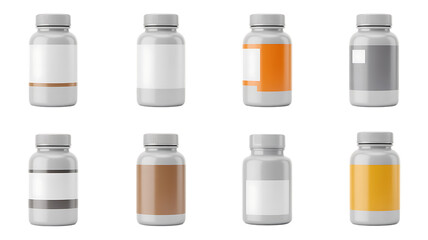 Creative mockup of supplement bottles with customizable labels for product packaging, presenting diverse branding options and pharmaceutical promotion with customizable containers