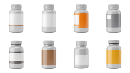 Creative mockup of supplement bottles with customizable labels for product packaging, presenting diverse branding options and pharmaceutical promotion with customizable containers