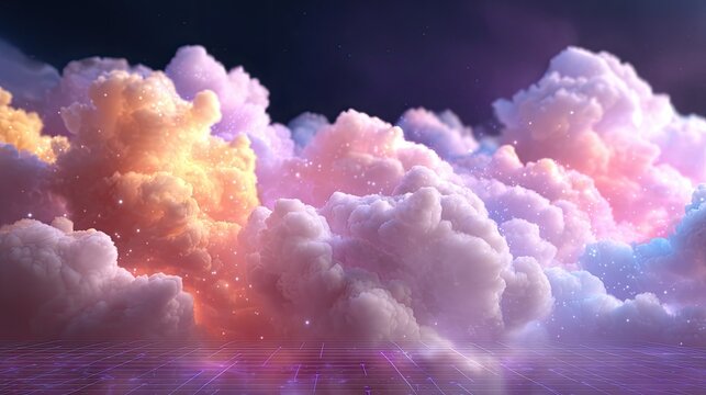 Dreamy pastel clouds in a surreal, vibrant sky with soft lighting, creating a magical atmosphere for serene and imaginative backgrounds or concepts