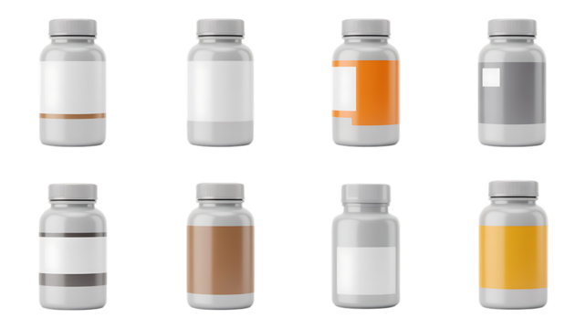 Creative mockup of supplement bottles with customizable labels for product packaging, presenting diverse branding options and pharmaceutical promotion with customizable containers