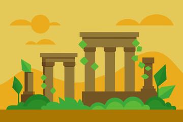 Ancient ruins covered in green vines simple vector illustration