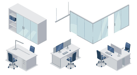 Fototapeta premium Office furniture set with desks, chairs, and cabinets in modern isometric design