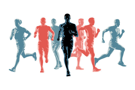 Athletic runners in silhouette, diverse colors, demonstrating motion, speed, and competition on a white background, perfect for sports.