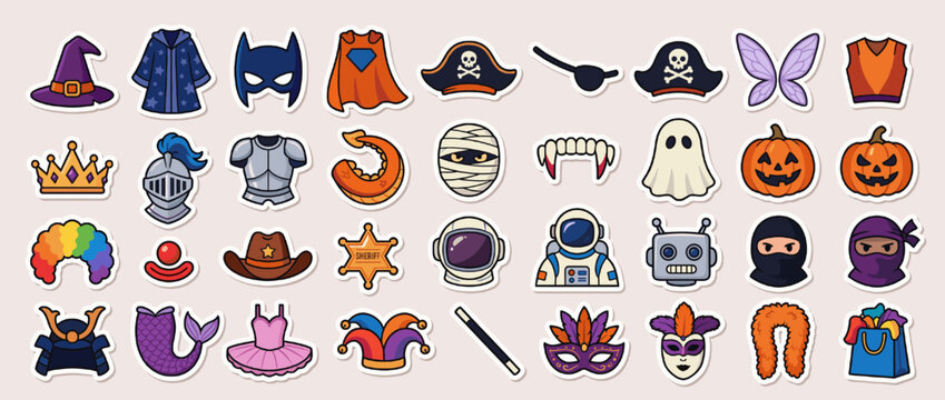 Costume icon set. containing witch, superhero, pirate, butterfly, pumpkin, crown, ghost, clown, wizard and more. Vector collection