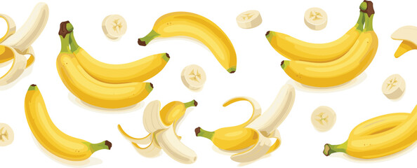 Seamless Banana Pattern with Whole, Peeled and Sliced Bananas Colorful Flat Vector Background Illustration