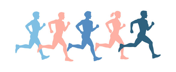 Diverse group of runners, men and women, in motion, representing fitness and athletic activity in a stylized graphic illustration on white background