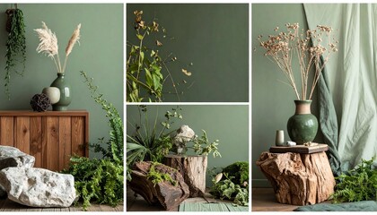 Rustic Interior Scene with Moss, Pampas, and Ceramic Decor