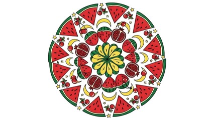 Colorful mandala design featuring various fruits like watermelon, pomegranate, banana, and cherry, isolated on white background