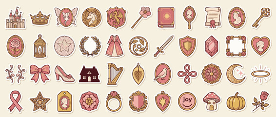 Fairy tale icon set. containing castle, crown, unicorn, dragon, book, shield, sword, key, mirror, wand and more. Vector collection