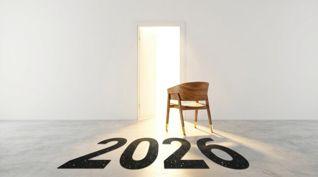 Minimalist white room with a wooden chair facing an open door filled with bright light. Textured 2026 text on the floor representing new opportunities and the future. Digital illustration.
- Powered by Adobe