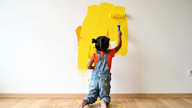 Rear view of a young child in overalls painting a bright yellow patch on a white wall with a paint roller