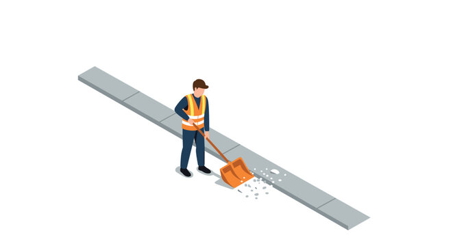 Road worker in uniform cleaning sidewalk with a shovel